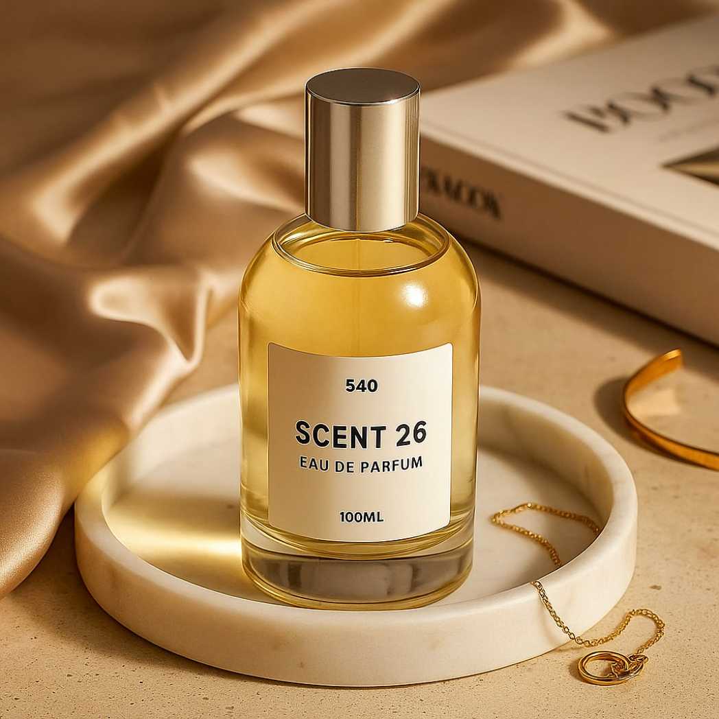 A bottle of Scent 26 Eau de Parfum styled with luxury props on a neutral background, representing affordable alternatives to designer perfumes.