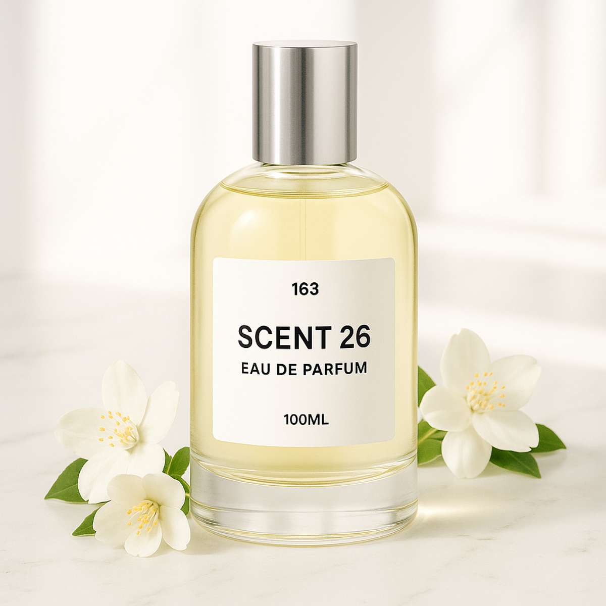 100ml bottle of Alien designer-inspired dupe perfume UK by Scent 26, white label with silver cap