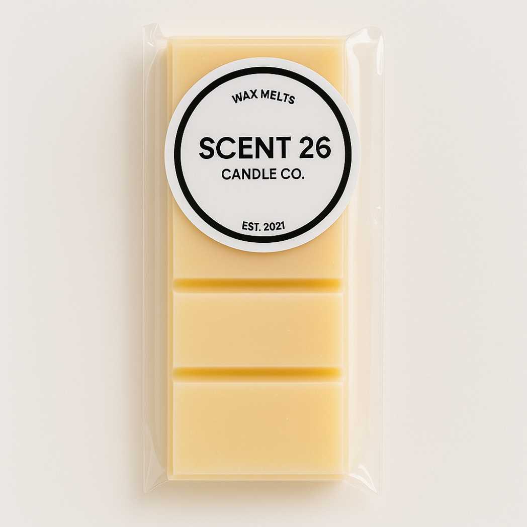 45g Amber Nectar wax melt snap bar featuring 5 glossy rectangular sections, warm golden amber colour with a honeyed swirl effect, fragranced with rich amber, sweet vanilla, and soft musk tones