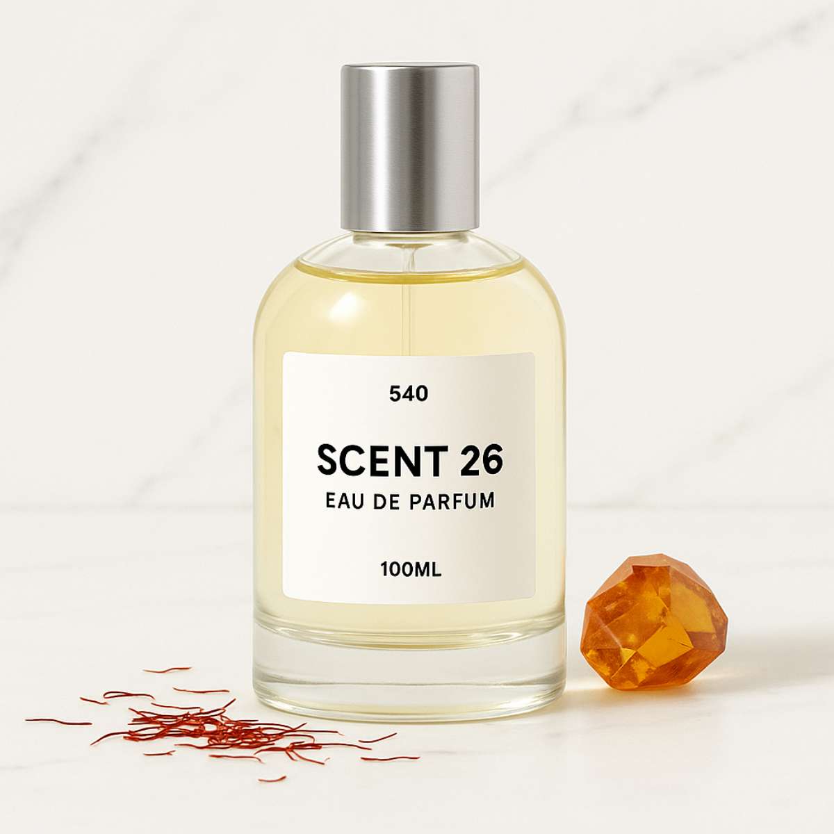 100ml bottle of Baccarat Rouge 540 designer-inspired dupe perfume UK by Scent 26, unisex oriental fragrance