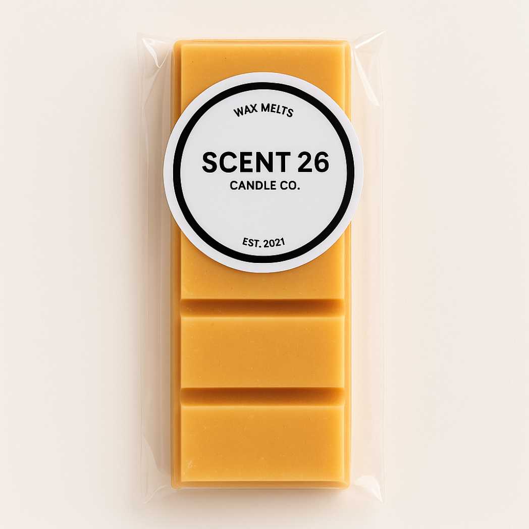 45g Chocolate Orange wax melt snap bar with 5 rich rectangular sections, deep cocoa brown colour with vibrant orange swirls, fragranced with sweet milk chocolate and zesty orange peel