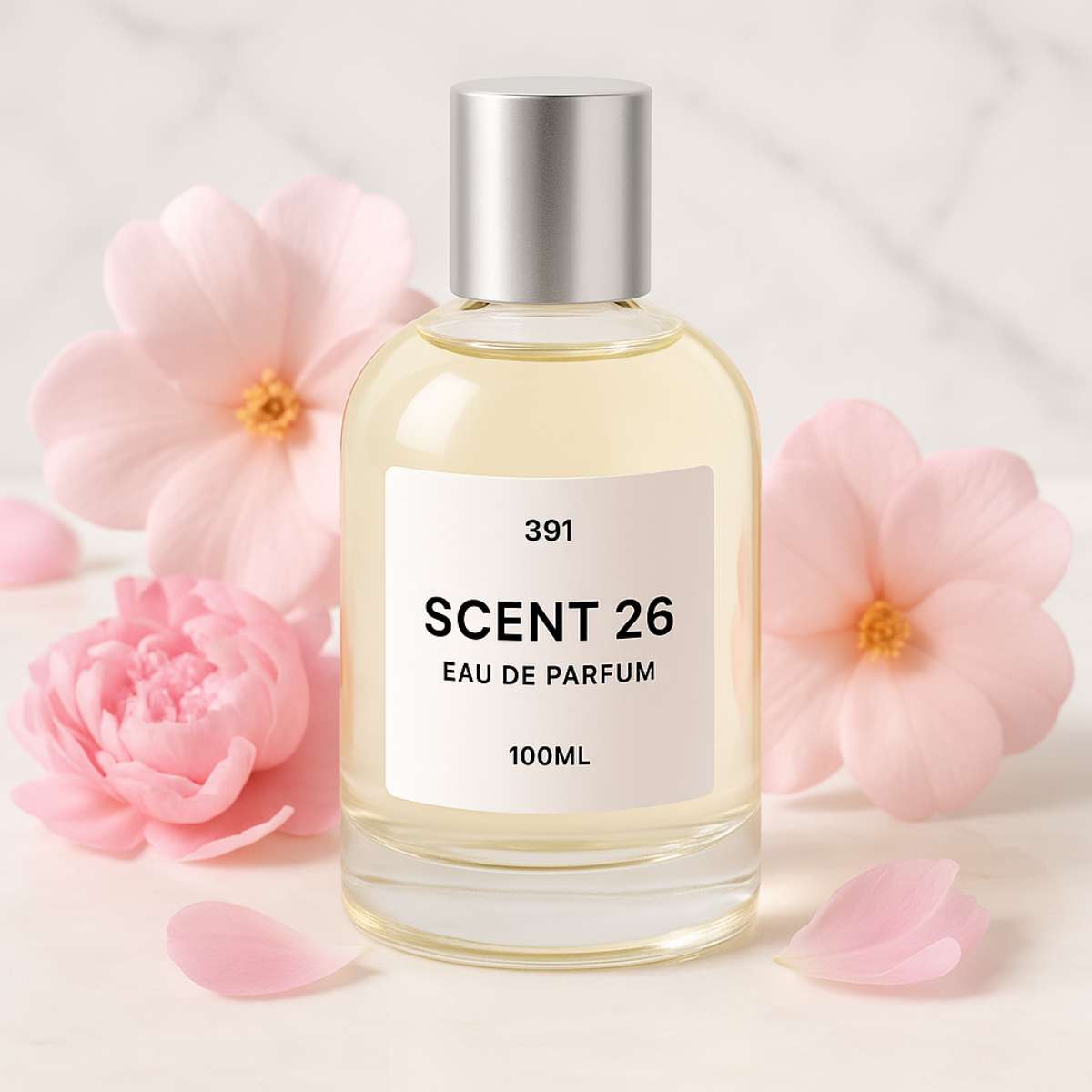 100ml bottle of Flora Gorgeous designer-inspired dupe perfume UK by Scent 26, elegant floral fragrance for women