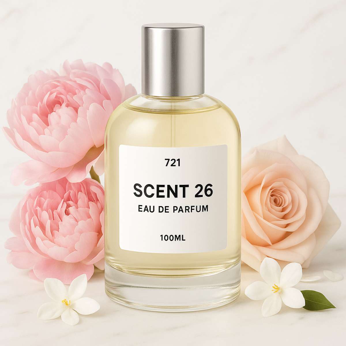 100ml bottle of Flowerbomb designer-inspired dupe perfume UK by Scent 26, luxurious floral scent for women
