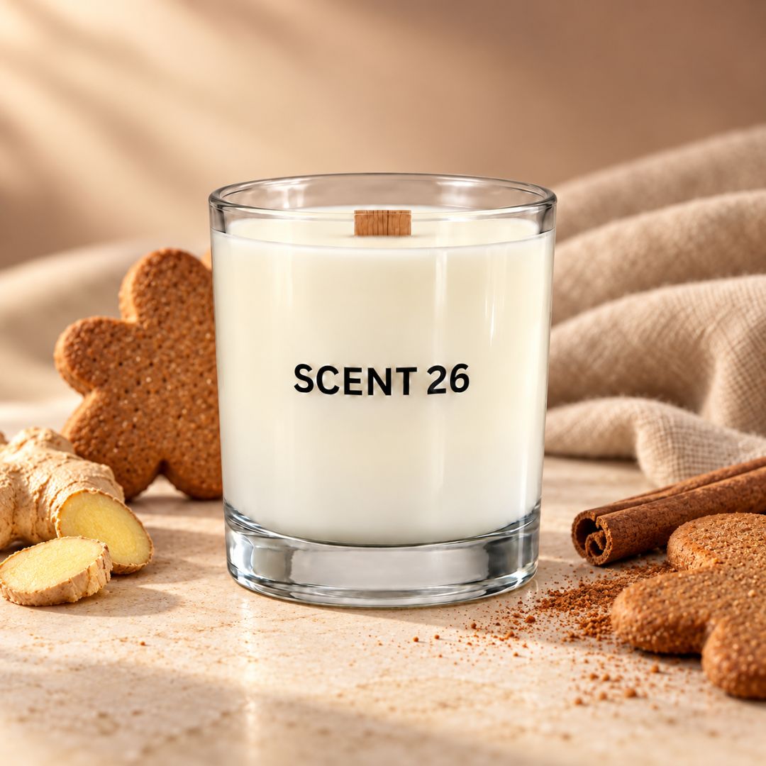 A clear glass candle jar labeled 'SCENT 26' filled with white wax, styled on a beige surface with ginger, cinnamon sticks, and gingerbread cookies in a warm neutral setting.