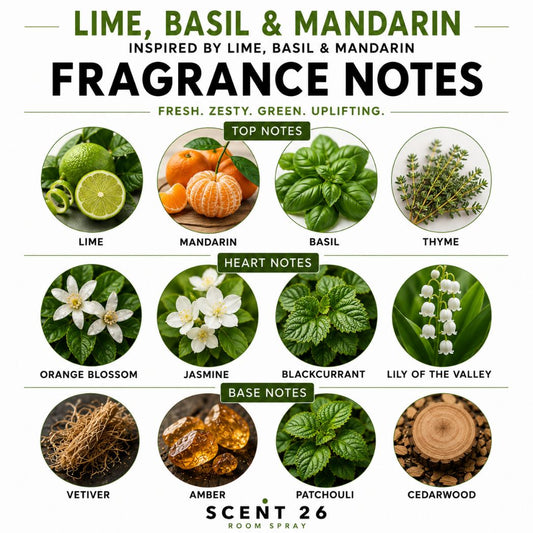 Fragrance notes infographic for Lime, Basil & Mandarin room spray showing lime, basil, mandarin, thyme and amberwood fragrance notes.