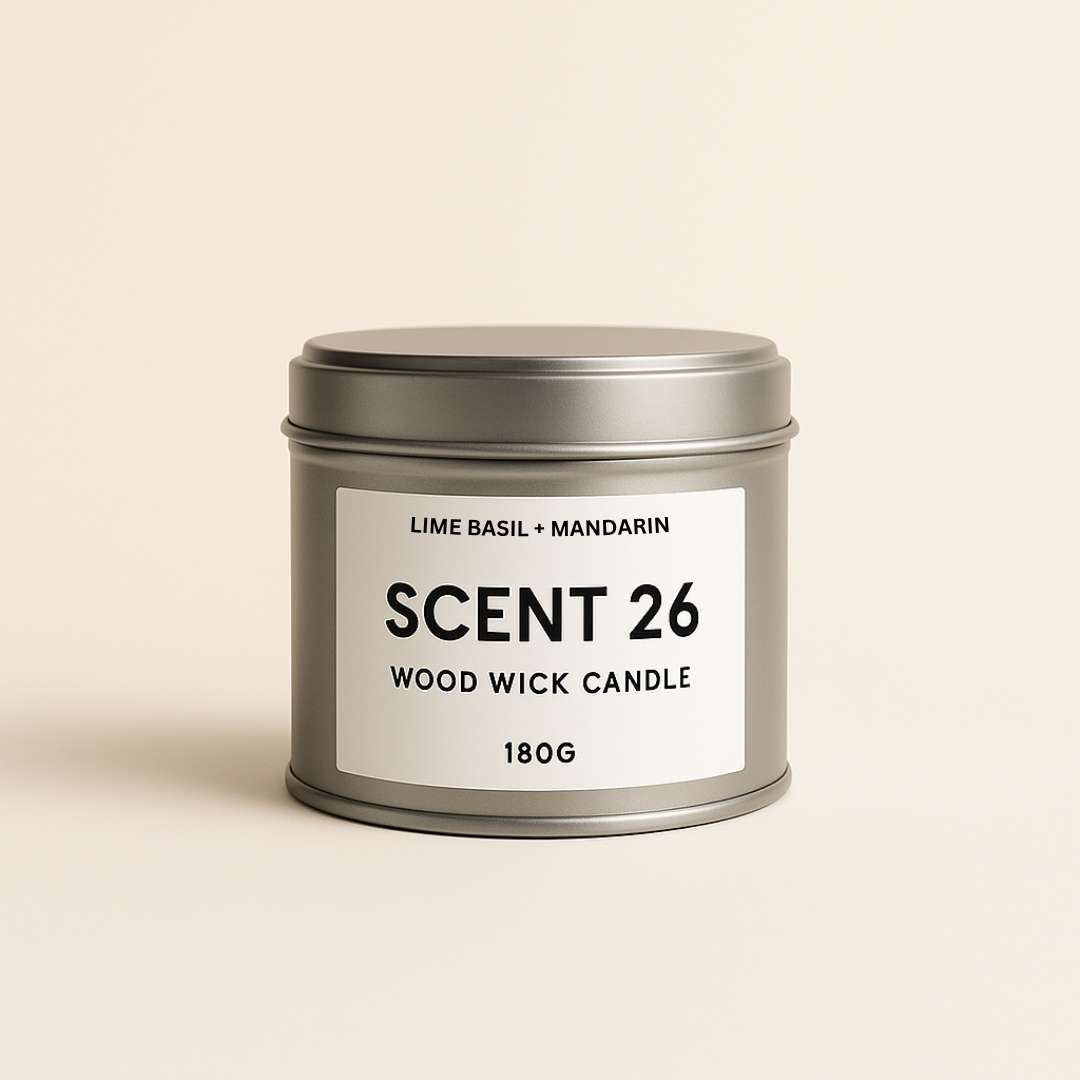 Lime Basil + Mandarin wood wick candle in silver tin vessel with natural soy wax and wooden wick, 180g – fresh citrus and herbal scent.