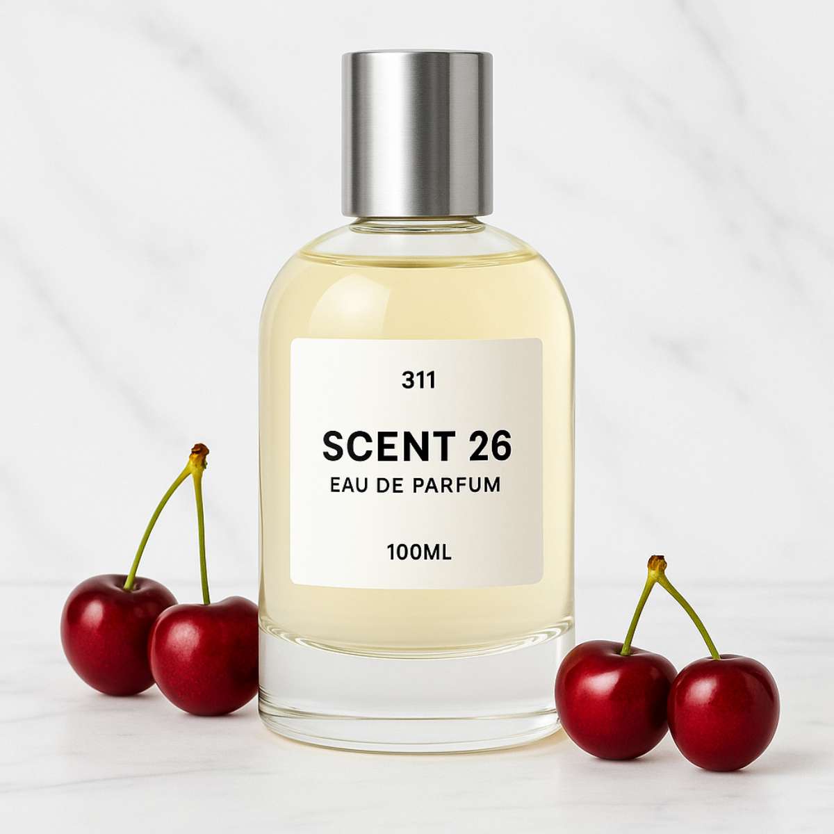 100ml bottle of Lost Cherry designer-inspired dupe perfume UK by Scent 26, fruity and floral fragrance for women