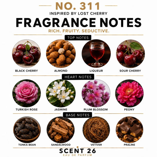 A fragrance notes board for 'No. 311 Fragrance Notes' by Scent 26, inspired by Lost Cherry.
