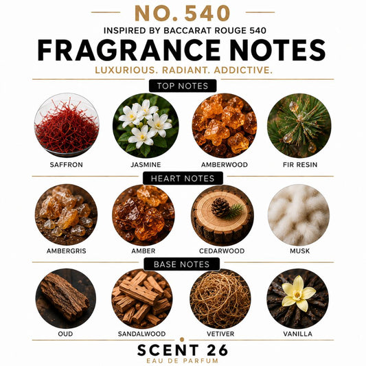 A fragrance notes graphic for Scent 26 Eau De Parfum, specifically No. 540 Fragrance Notes, inspired by Baccarat Rouge 540.