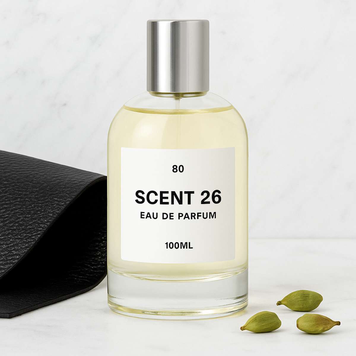 100ml bottle of Ombré Leather designer-inspired dupe perfume UK by Scent 26, warm leather fragrance for men