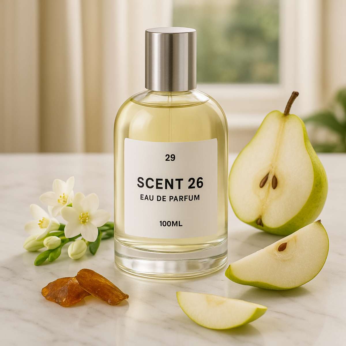 100ml bottle of Pear + Freesia designer-inspired dupe perfume UK by Scent 26, fruity and fresh fragrance for women