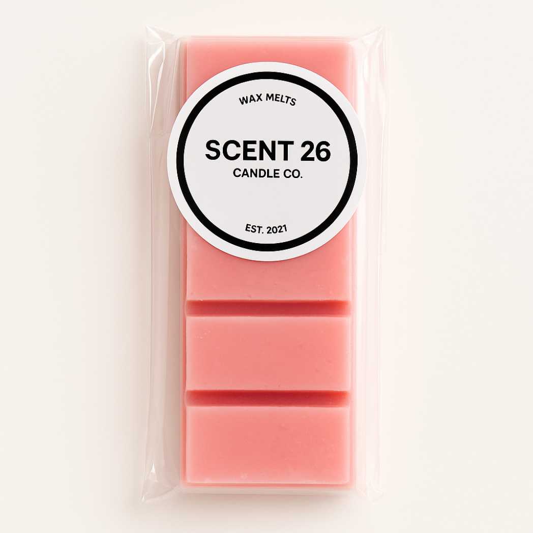 45g Peony + Blush wax melt snap bar featuring 5 elegant rectangular sections, soft blush pink colour with delicate white swirls, fragranced with blooming peonies, red apple, and subtle rose and suede undertones.