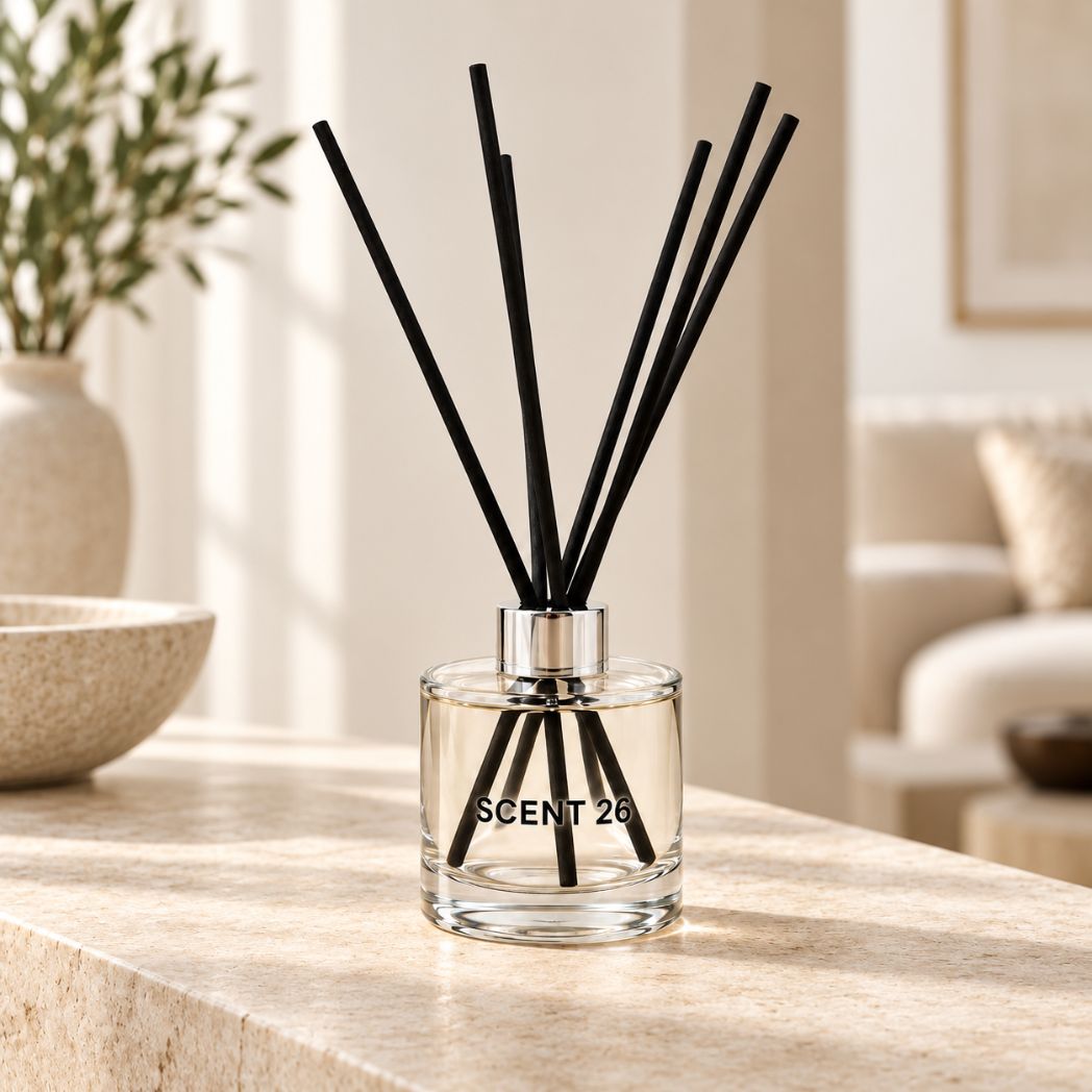 Scent 26 Reed Diffuser displayed in an elegant contemporary home setting, featuring a glass bottle with black reeds and premium presentation box. Handmade in the UK, with fresh, zesty lemongrass and warm ginger fragrance notes.