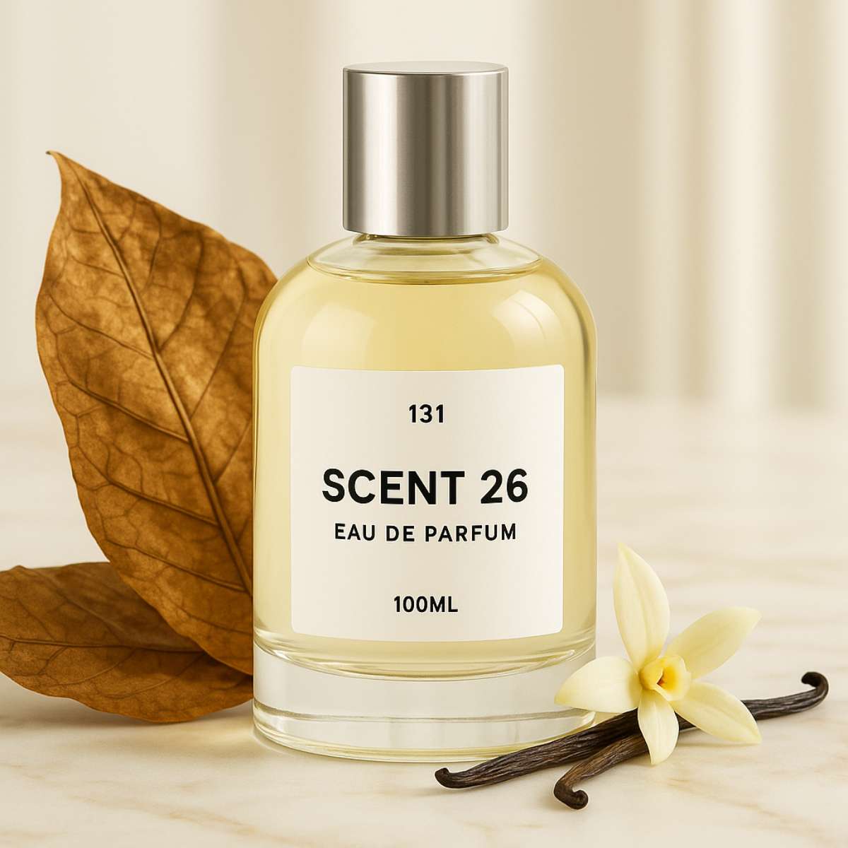 100ml bottle of Vanille designer-inspired dupe perfume UK by Scent 26, warm and sweet unisex fragrance inspired by Tobacco Vanille
