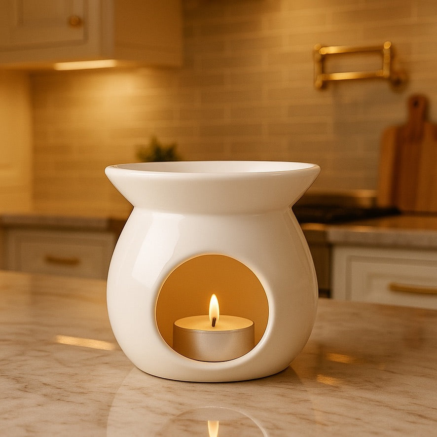White ceramic wax melt burner with a lit candle inside on a kitchen counter by Scent 26