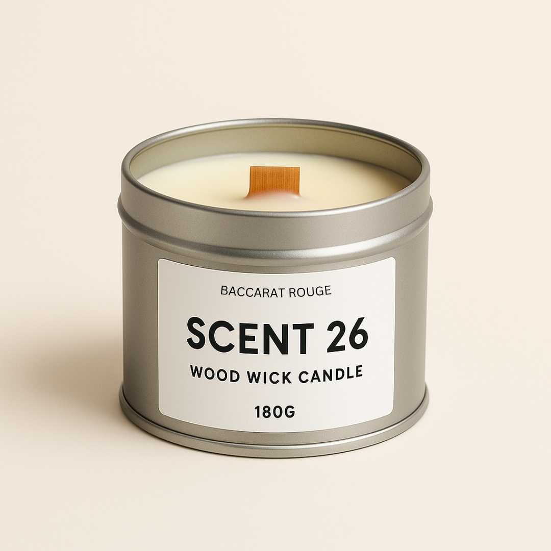 Baccarat Rouge-inspired tin candle with crackling wood wick and luxurious scent – 180g hand-poured by Scent 26