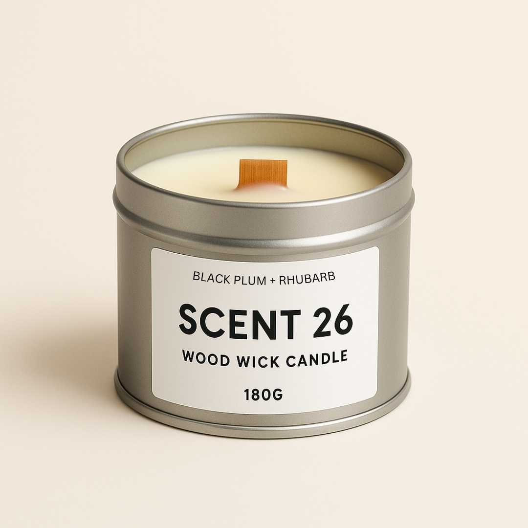 Black Plum + Rhubarb Wood WIck Candle in Tin