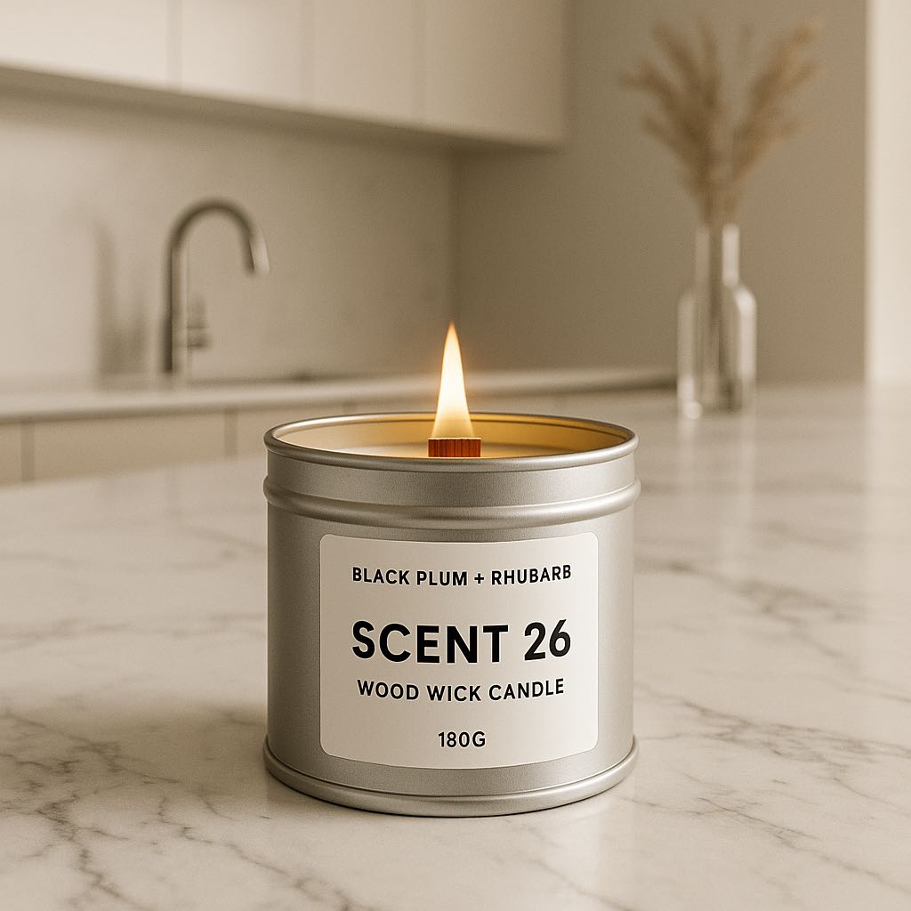 Hand-poured 180g candle with black plum and rhubarb fragrance, in silver tin with wood wick and minimalist label