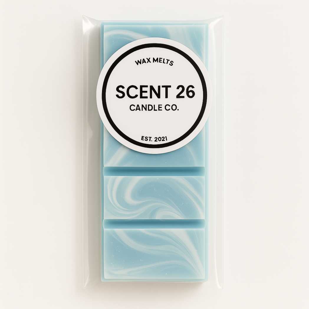 Blueberry and Vanilla wax melt snap bar by Scent 26 Candle Co, vibrant blue with creamy white swirls, hand-poured and highly scented, 100% soy wax, CLP compliant, UK made