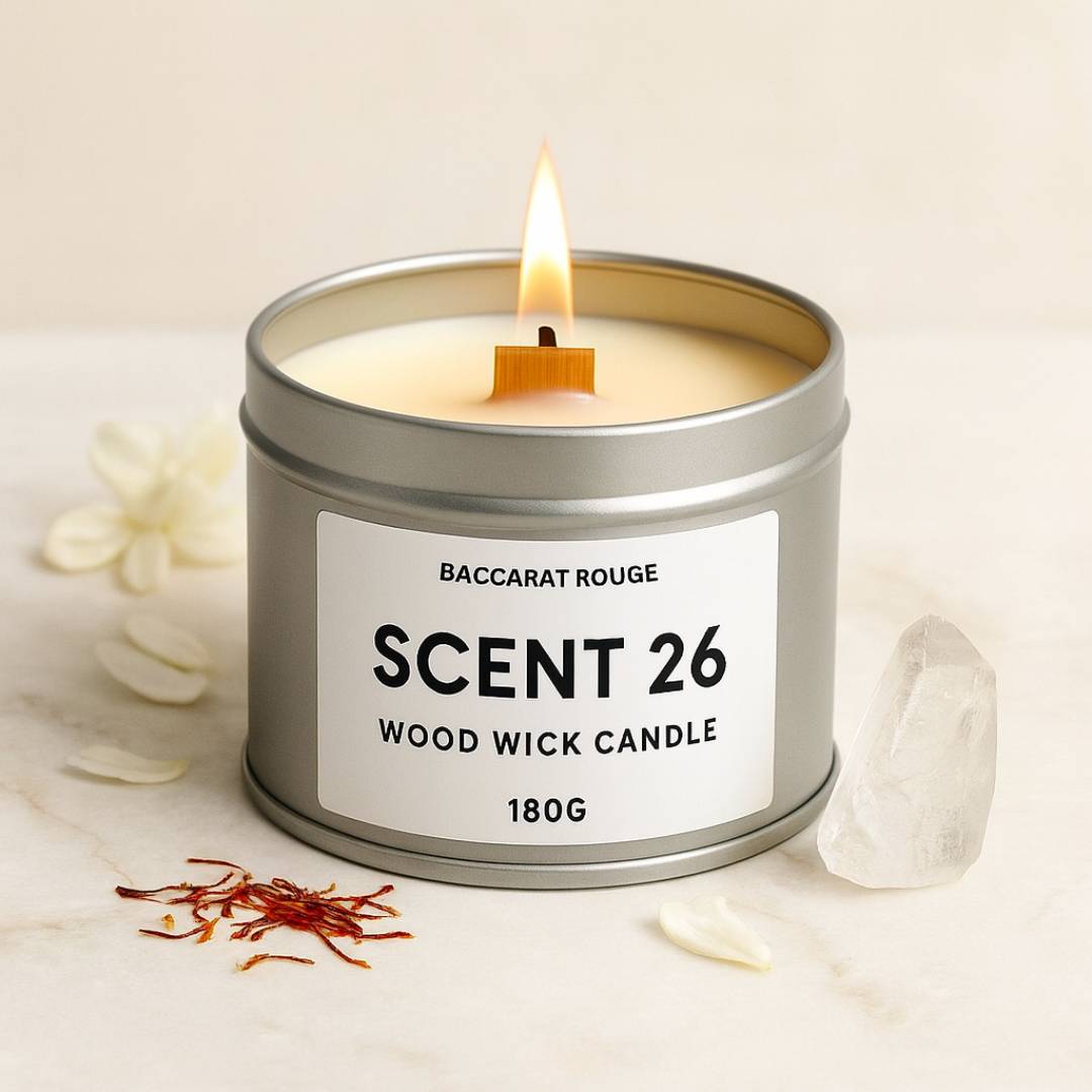 Scent 26 Baccarat Rouge wood wick candle in silver tin – inspired luxury fragrance candle handmade in the UK