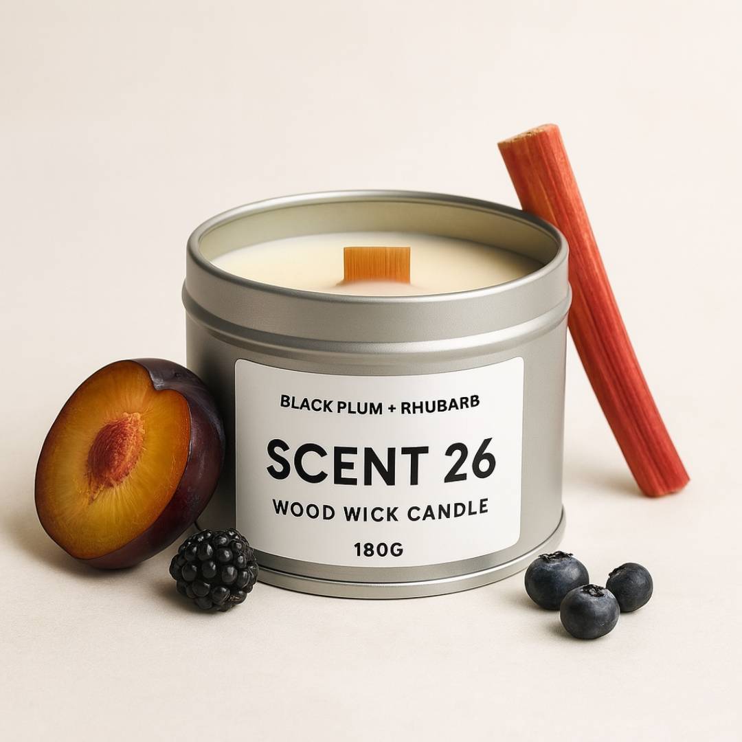 Scent 26 Black Plum + Rhubarb wood wick candle – fruity luxury tin candle handmade in the UK