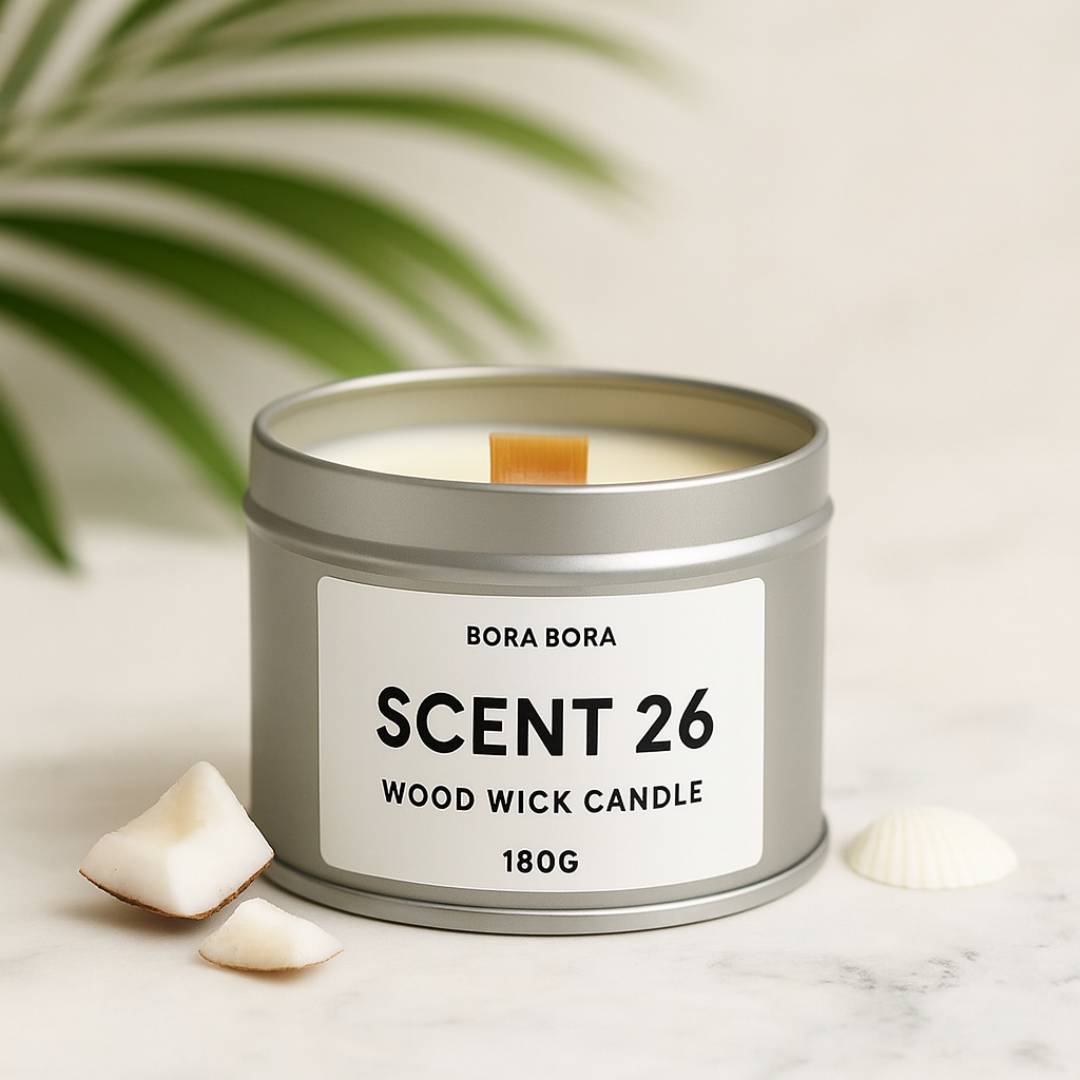 Scent 26 Bora Bora tropical wood wick candle in silver tin – exotic island-inspired handmade candle UK
