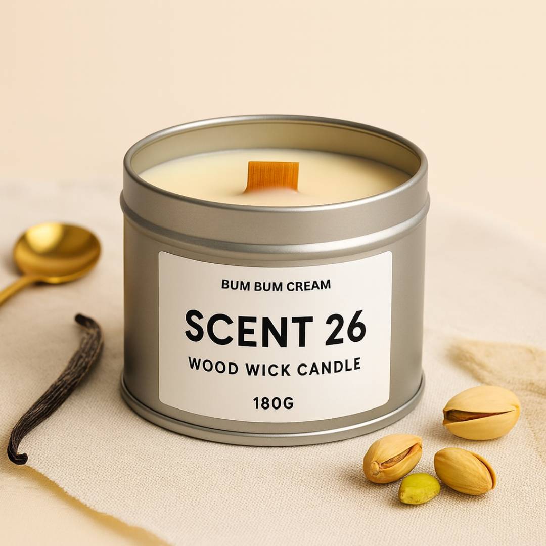 Scent 26 Bum Bum Cream inspired wood wick candle – warm caramel and pistachio fragrance handmade in the UK