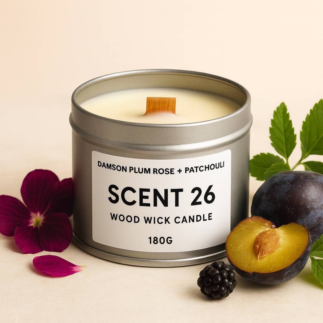 Scent 26 Damson Plum Rose + Patchouli wood wick candle – rich floral and fruity luxury candle handmade in the UK.