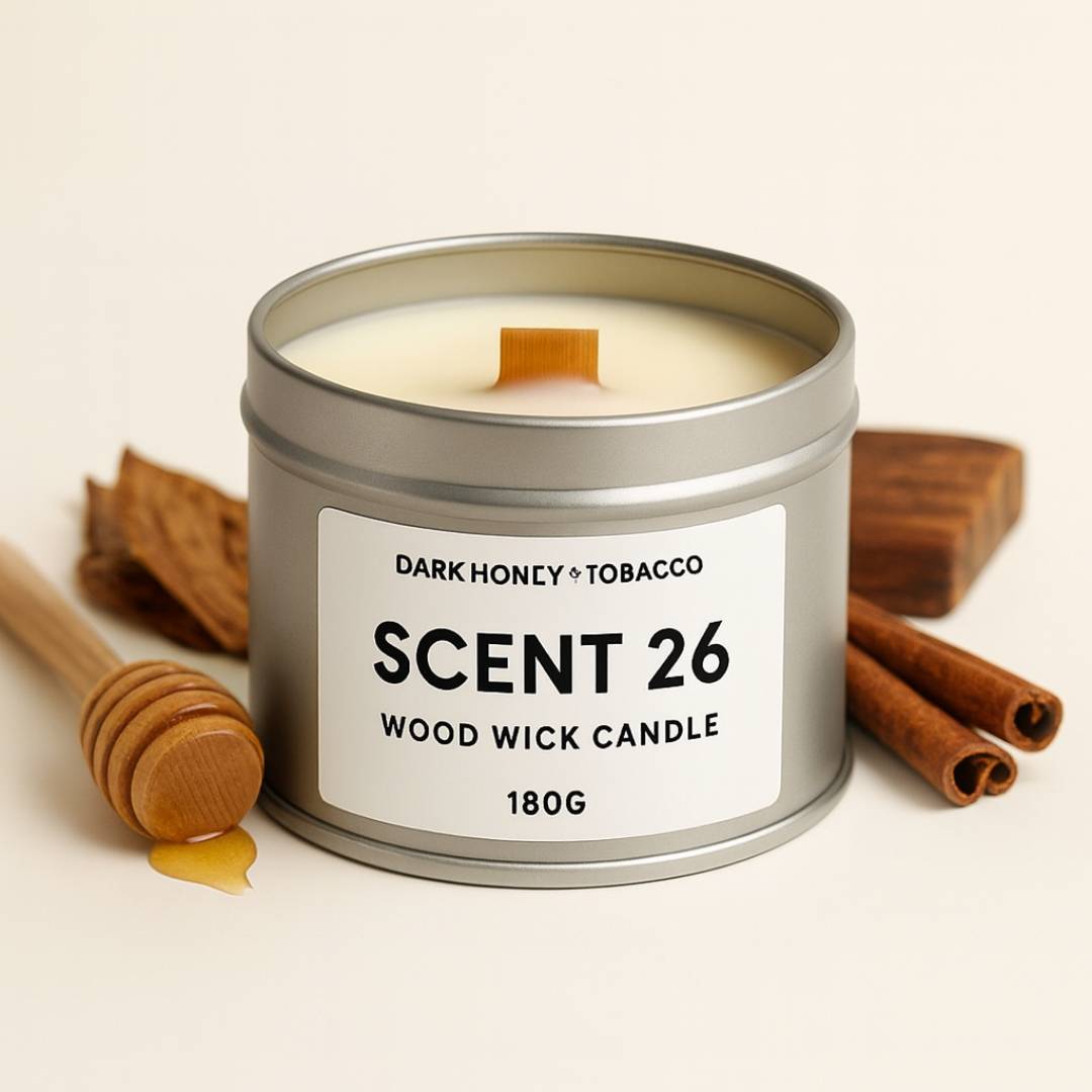 Scent 26 Dark Honey + Tobacco wood wick candle – masculine warm and smoky handmade candle UK.