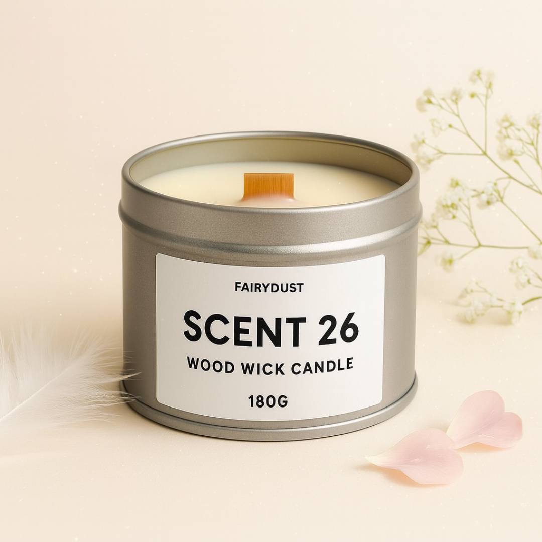 Scent 26 Fairydust wood wick candle – soft powdery floral fragrance tin candle handmade in the UK
