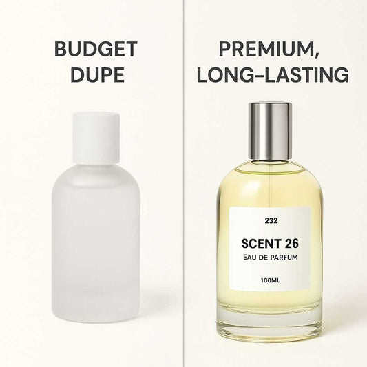 Side-by-side comparison of two perfume bottles: a plain, frosted ‘Budget Dupe’ on the left and a sleek, premium ‘Scent 26 Eau de Parfum’ bottle on the right, highlighting the difference in quality and presentation