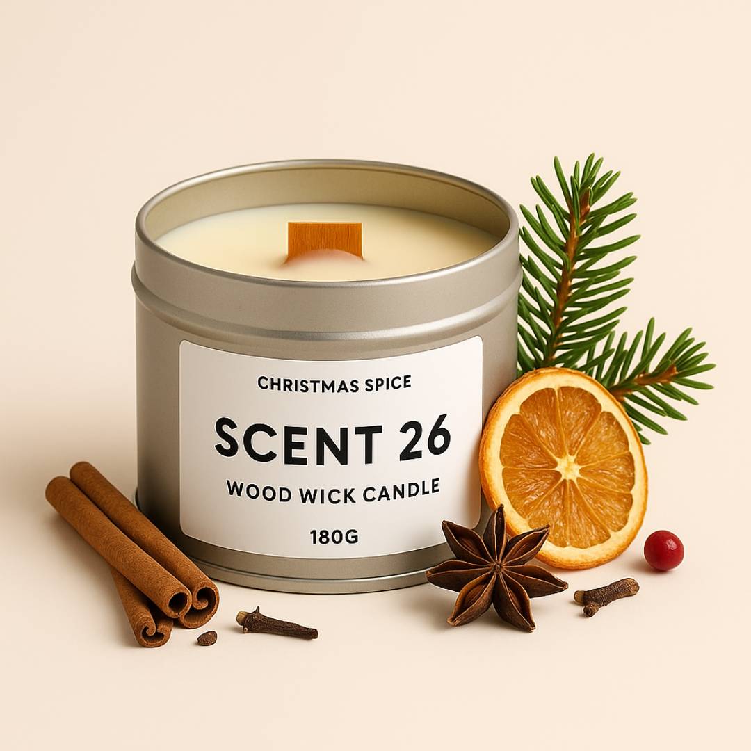 Scent 26 Spiced Orange candle in festive setting, home fragrance Christmas gift UK