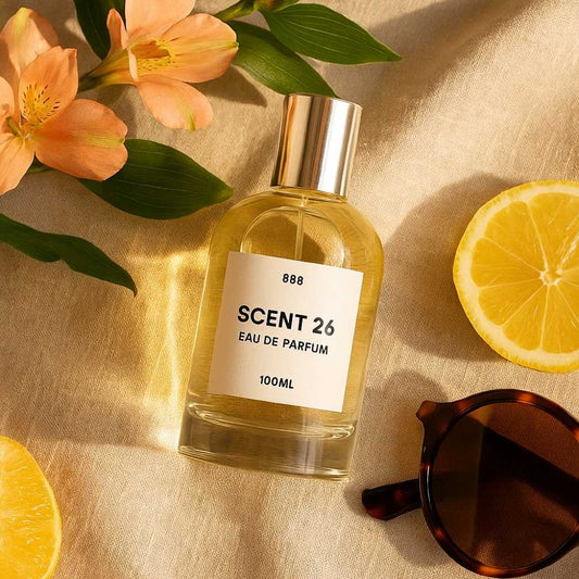 A bottle of Scent 26 Eau de Parfum (888) lies on a beige fabric surface, surrounded by peach flowers, a lemon slice, and tortoiseshell sunglasses, styled in a warm, summer-themed flat lay.