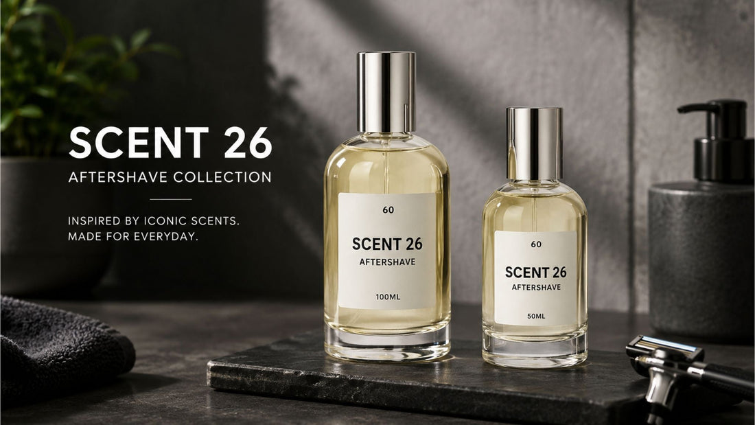SCENT 26 designer inspired aftershave collection with 100ml and 50ml Eau de Parfum bottles displayed in a luxury men's grooming environment.