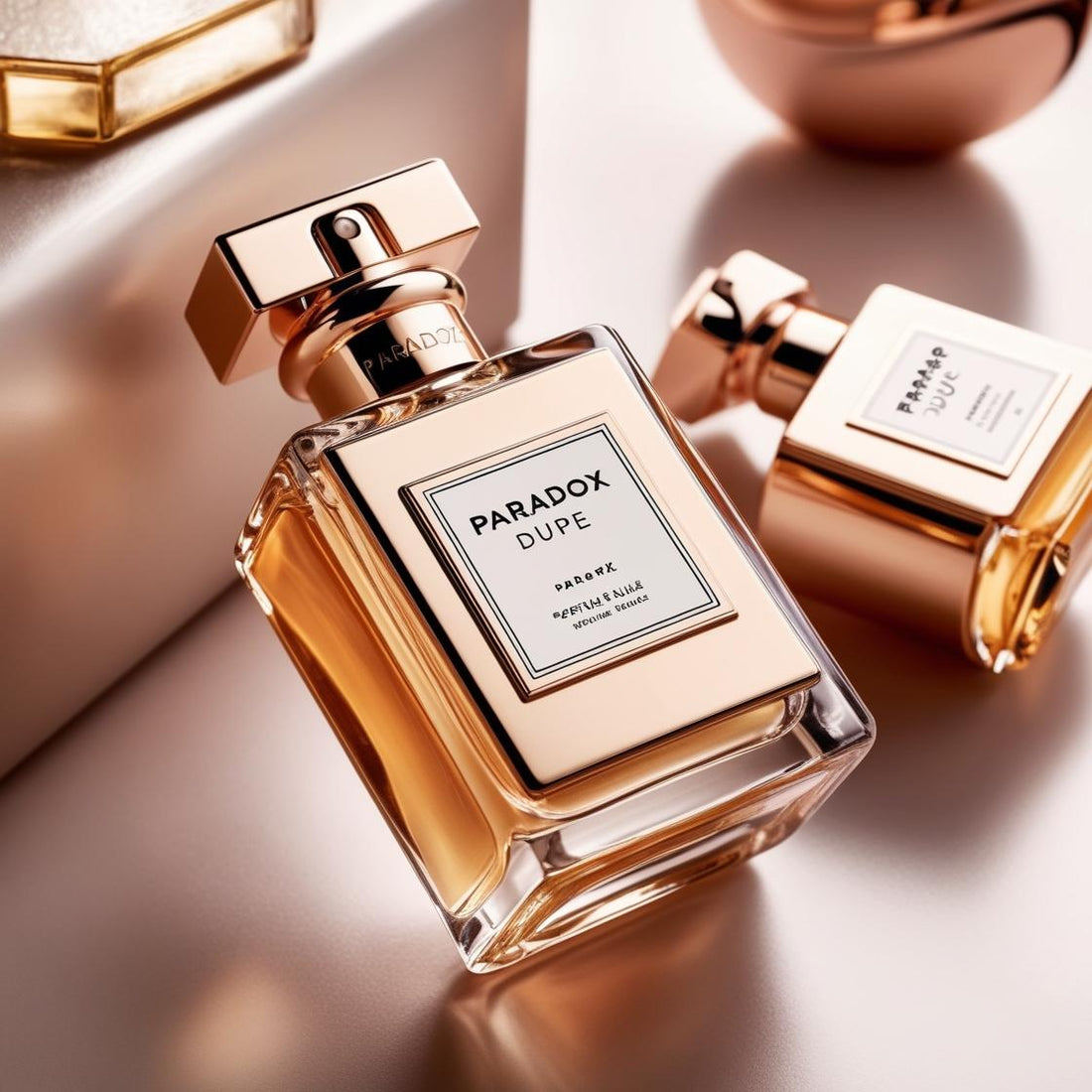 A bottle of Paradoxe dupe perfume next to fresh jasmine flowers and vanilla pods, showcasing its floral and warm scent profile