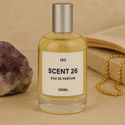 Perfume bottle labeled 'Scent 26' with a beige background