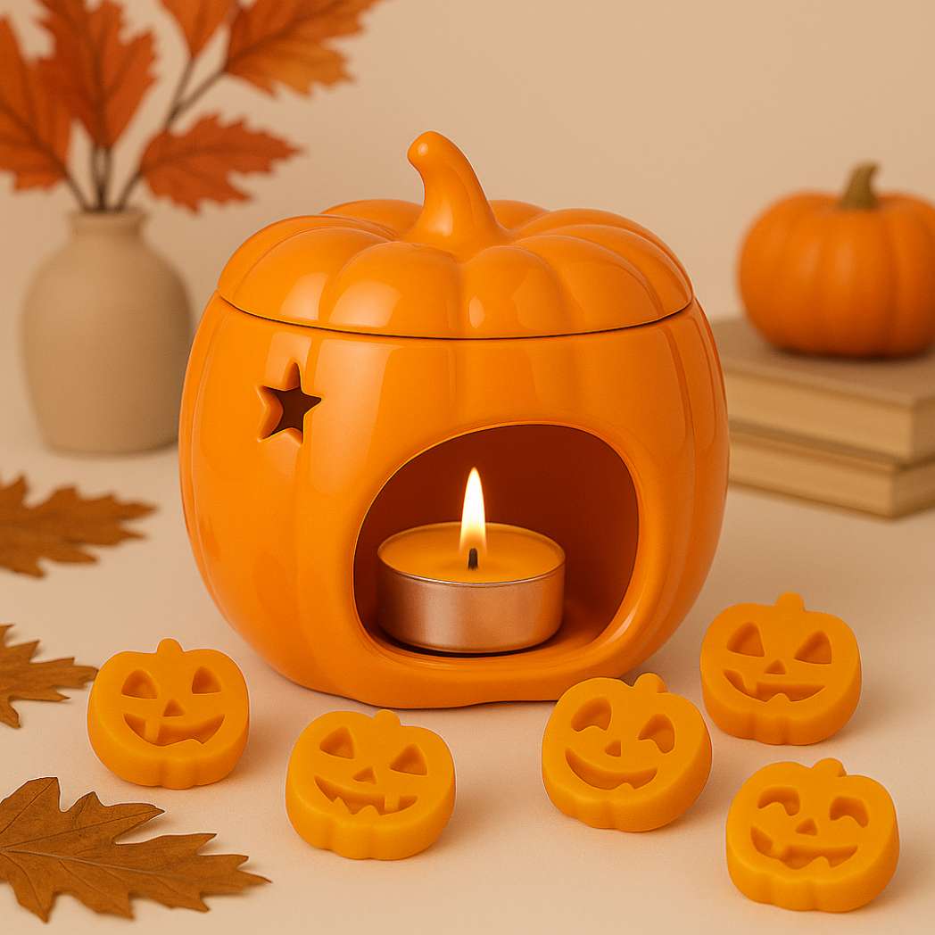 Pumpkin-shaped candle holder with a lit tealight candle, surrounded by jack-o'-lantern soap bars and autumn leaves.