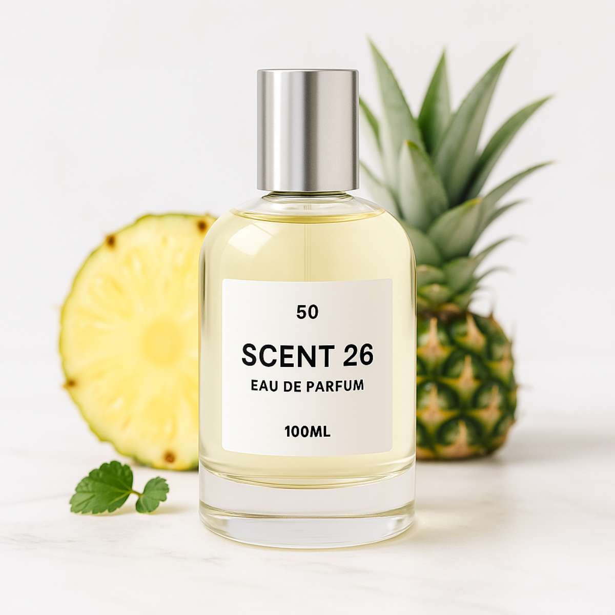 100ml bottle of Creed Aventus-inspired dupe perfume UK by Scent 26, bold and masculine scent