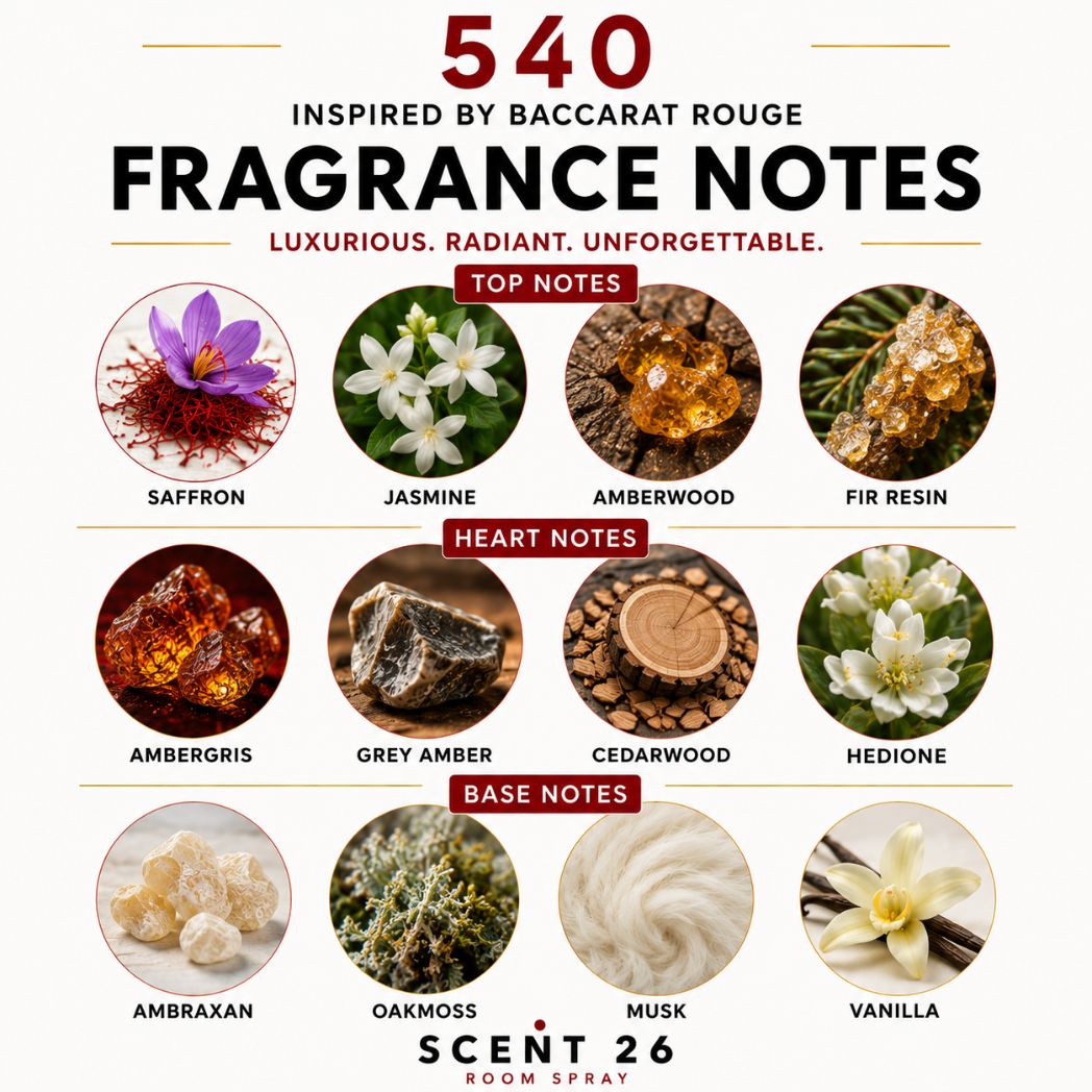 Fragrance notes infographic for Rouge Inspired by Baccarat Rouge 540 room spray showing saffron, jasmine, amberwood and cedar fragrance notes.
