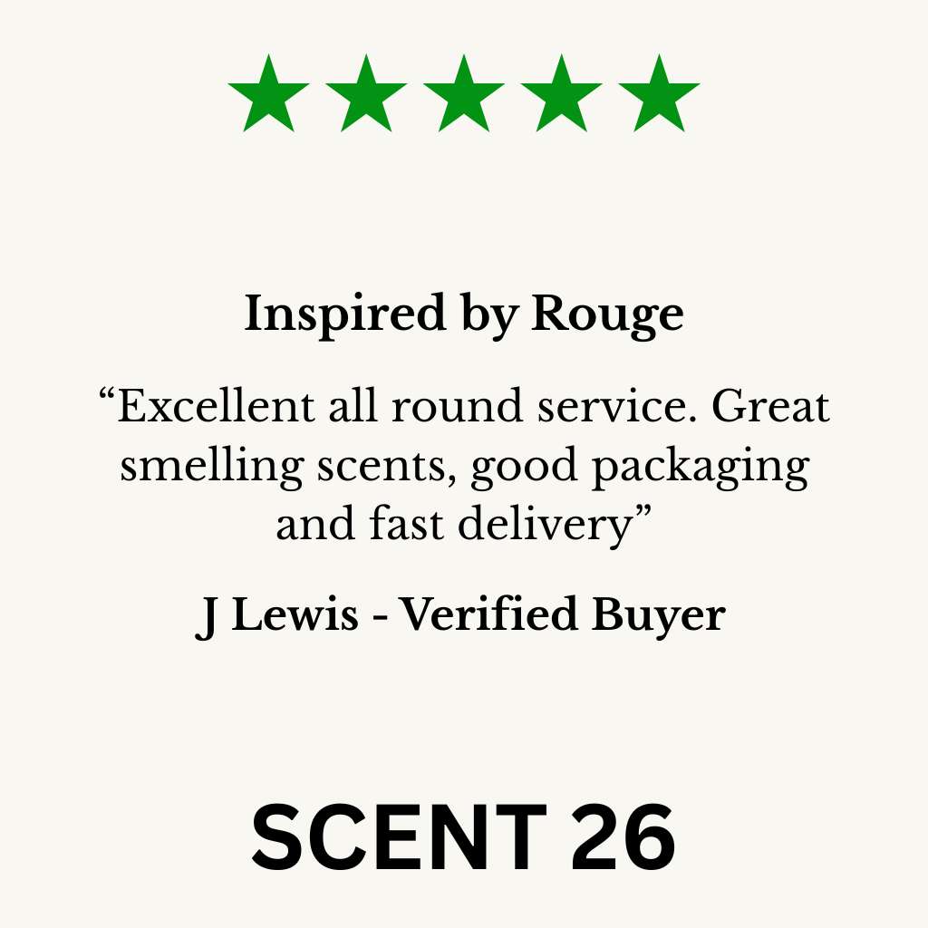 Five-star review for 'Inspired by Rouge' with text and star rating on a white background