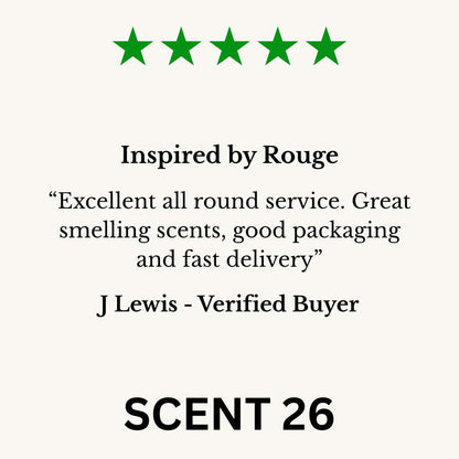 Five-star review for 'Inspired by Rouge' with text and star rating on a white background