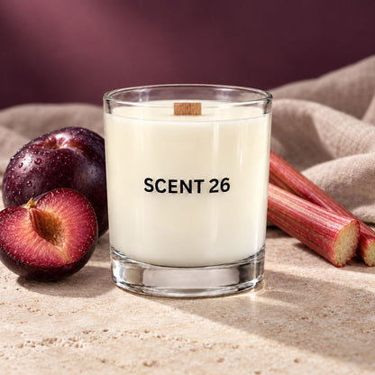 A clear glass candle jar labeled 'SCENT 26' filled with creamy off-white wax, styled on a stone surface with a plum, a cut plum, and rhubarb stalks against a draped fabric backdrop.