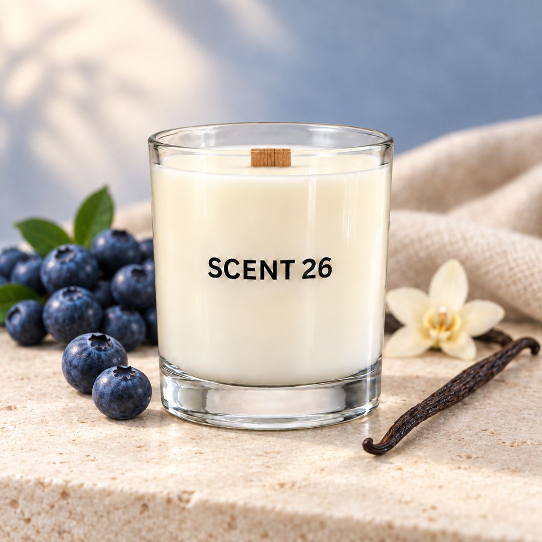 A clear glass jar candle with white wax and a small wooden wick, labeled 'SCENT 26', styled on a stone surface with blueberries, a vanilla bean, and a white flower against a soft blue and beige background.