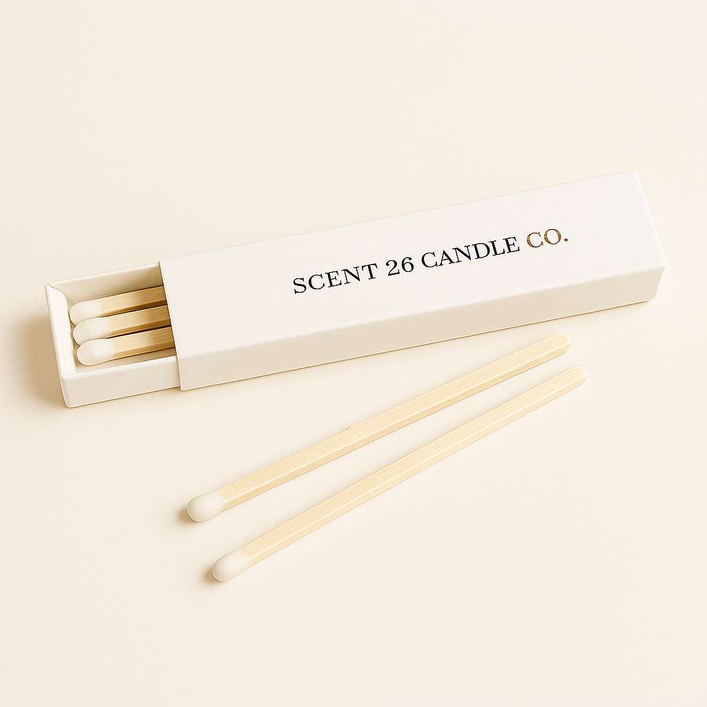 Scent 26 Candle Co. luxury long safety matches in a white branded box on a neutral background