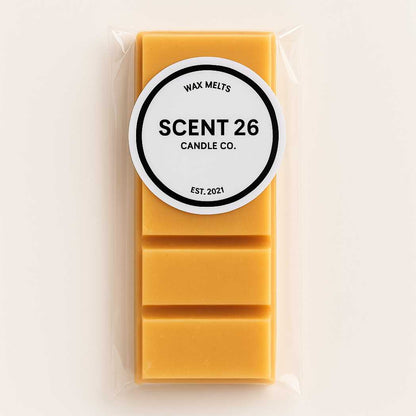 45g Chocolate Orange wax melt snap bar with 5 rich rectangular sections, deep cocoa brown colour with vibrant orange swirls, fragranced with sweet milk chocolate and zesty orange peel
