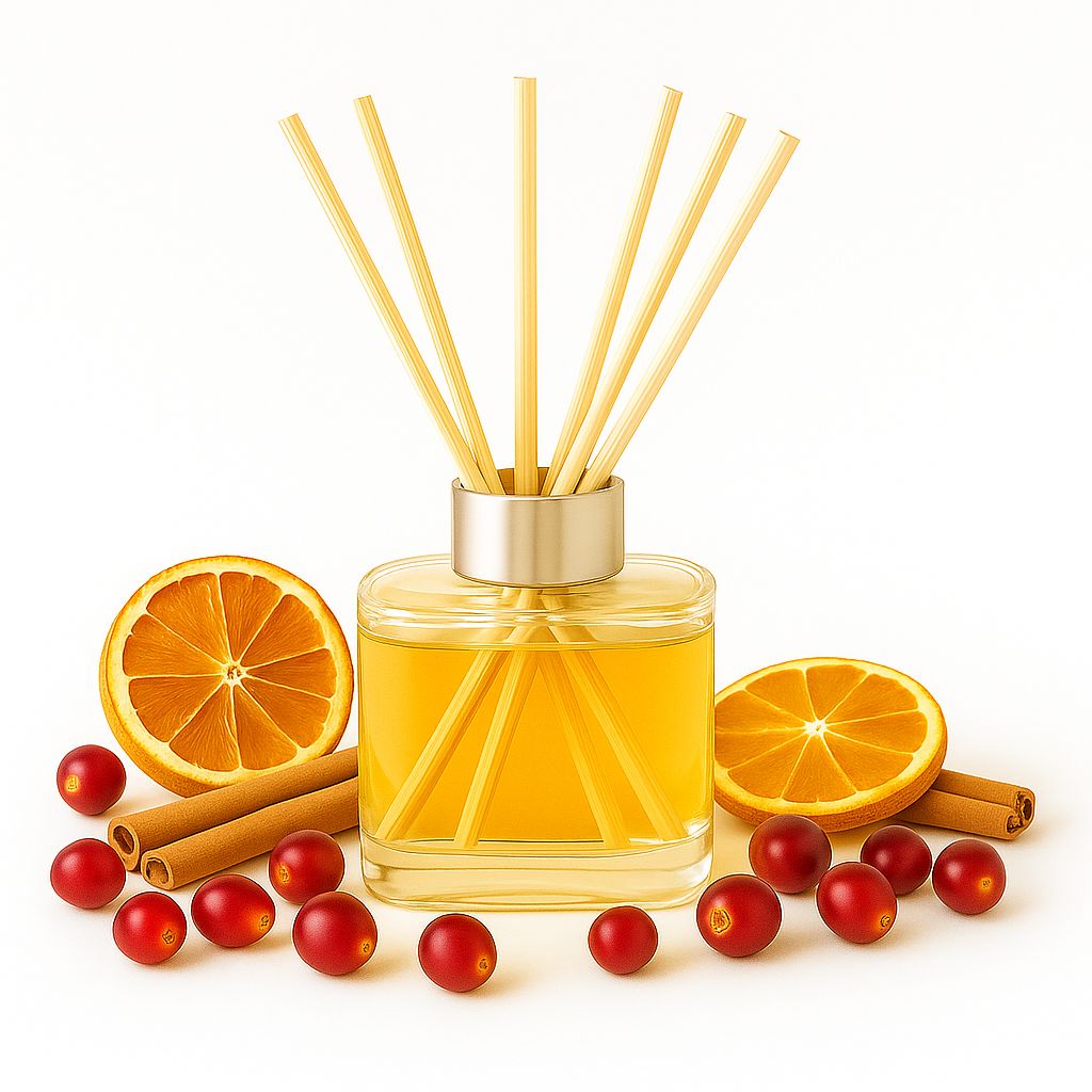Long lasting festive reed diffuser with citrus cranberry and cinnamon spice notes