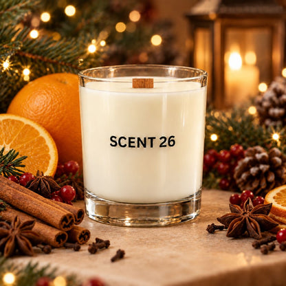 A clear glass candle jar labeled 'SCENT 26' filled with white wax, styled on a tabletop with cinnamon sticks, star anise, red berries, pinecones, an orange slice, and holiday greenery with warm string lights in the background. Christmas Spice.
