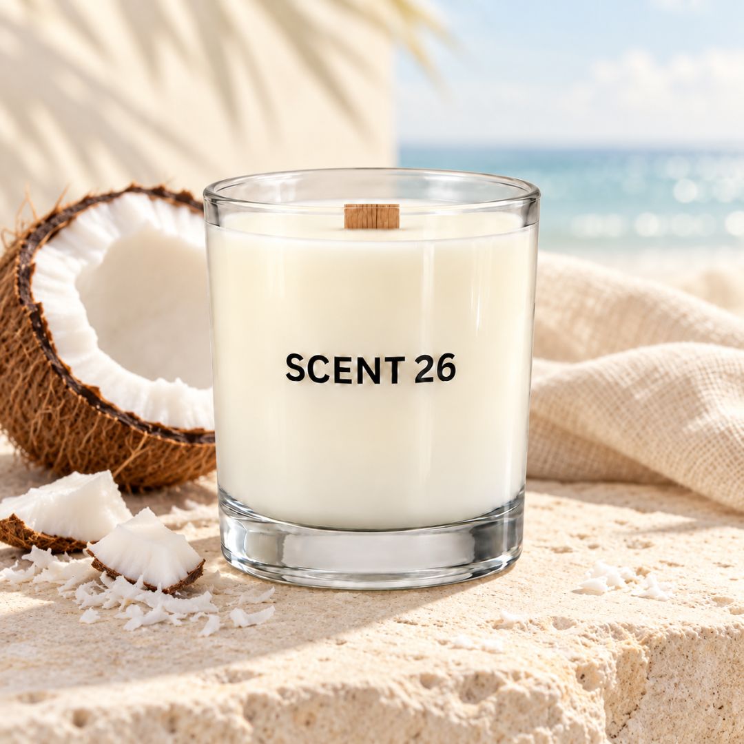 A clear glass jar candle with white wax and a small wooden wick, labeled 'SCENT 26', set on a sandy surface with a coconut half and beach background visible.