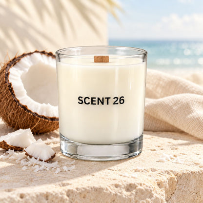 A clear glass jar candle with white wax and a small wooden wick, labeled 'SCENT 26', set on a sandy surface with a coconut half and beach background visible.