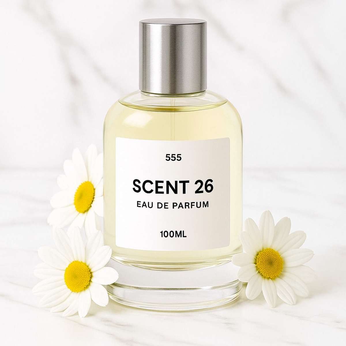 100ml bottle of Daisy designer-inspired dupe perfume UK by Scent 26, fresh and floral fragrance for women